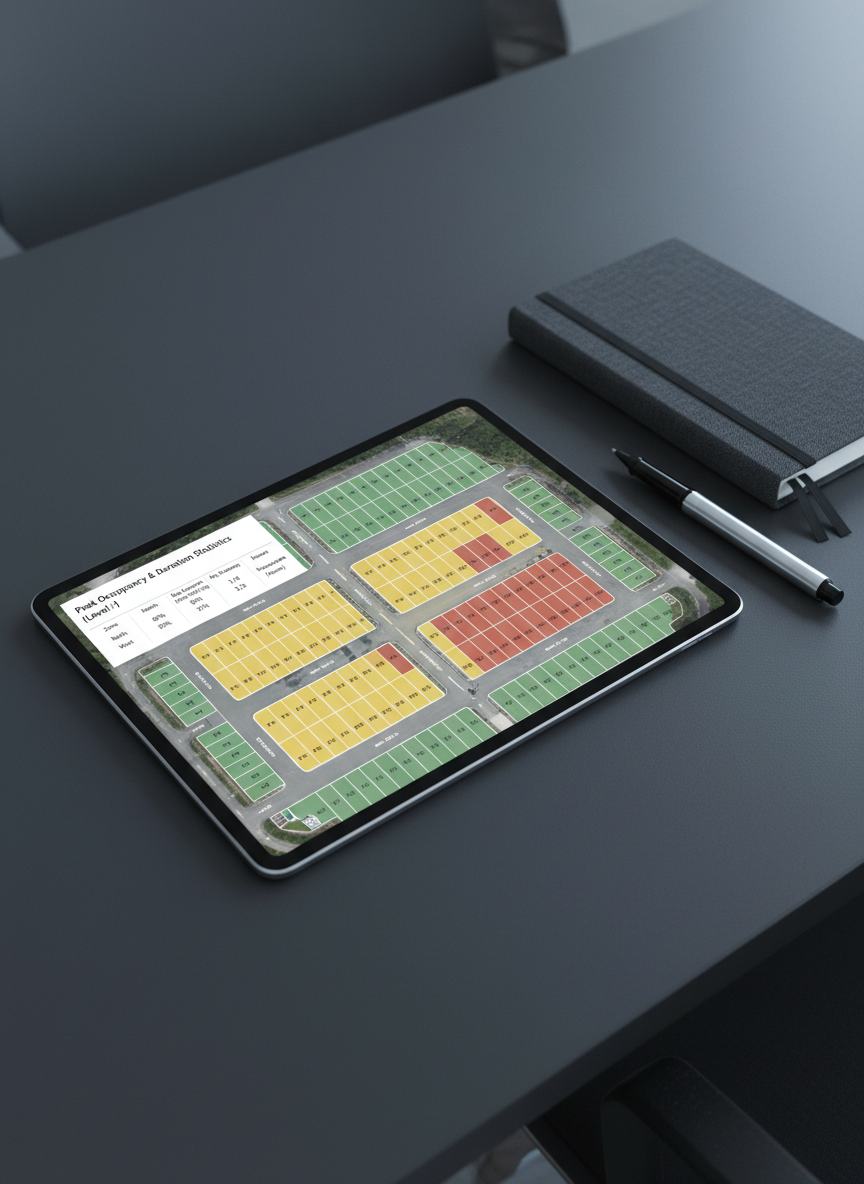 A neatly laid-out parking lot study scene showing an overhead perspective of a medium-sized municipal parking facility rendered as a clean schematic overlay on an aerial image. Individual parking spaces are clearly delineated, with occupancy levels represented by subtle, professional color coding and numbered labels. In one corner, an inset table summarizes peak occupancy and duration statistics in a simple, engineer-friendly layout. The scene is displayed on a slim tablet resting on a smooth, charcoal office desk with only a closed notebook and a fine-point pen nearby. Soft, cool ambient light gives the image a neutral, corporate tone. Captured from a slightly elevated angle, the composition is balanced and uncluttered, highlighting organized parking data collection for municipal planning efforts.