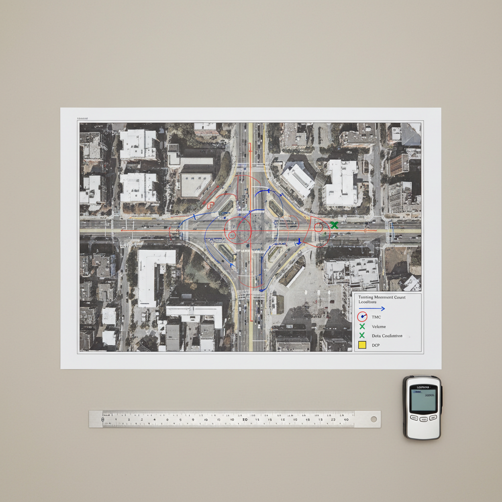 An overhead, top-down view of a carefully marked aerial photograph of a multi-leg intersection, printed on matte engineering paper and spread on a smooth, neutral-toned drafting surface. Fine-tipped colored markings indicate turning movement count locations, approach volumes, pedestrian crossing points, and data collection positions, all referenced to a tidy legend in one corner. A precision metal scale ruler and a compact digital data logger rest nearby, aligned parallel to the page edges. Soft, diffuse studio lighting eliminates harsh shadows, emphasizing linework and annotations. The composition is centered with balanced margins, creating a structured, analytical mood. The photographic realism and clean, minimalist corporate style convey careful planning for intersection and corridor studies within larger transportation projects.