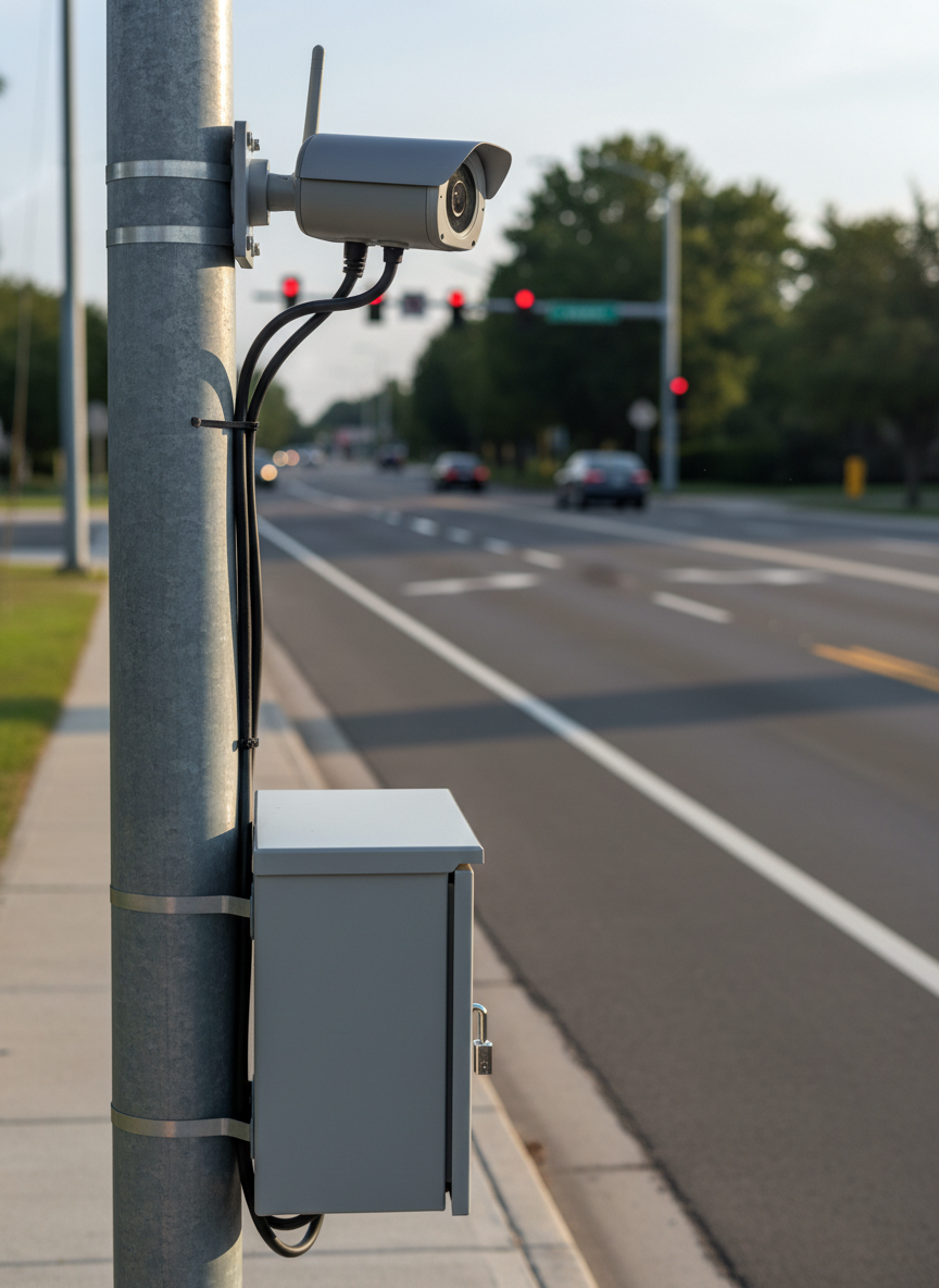 A close-up, side-view scene of a compact, pole-mounted traffic video camera securely attached to a galvanized steel signpost along a well-marked suburban corridor. The camera housing is weather-sealed with a matte gray finish and neatly routed cables running down the post into a locked, metal equipment box. The adjacent roadway features clear lane striping, a center turn lane, and a distant traffic signal head, all softly blurred. Late afternoon neutral daylight casts gentle highlights on the metal surfaces and creates subtle shadows on the sidewalk. The composition uses a shallow depth of field and rule-of-thirds framing, focusing sharply on the equipment. The mood is technically precise and dependable, rendered in clean photographic realism suitable for showcasing professional traffic data collection infrastructure.