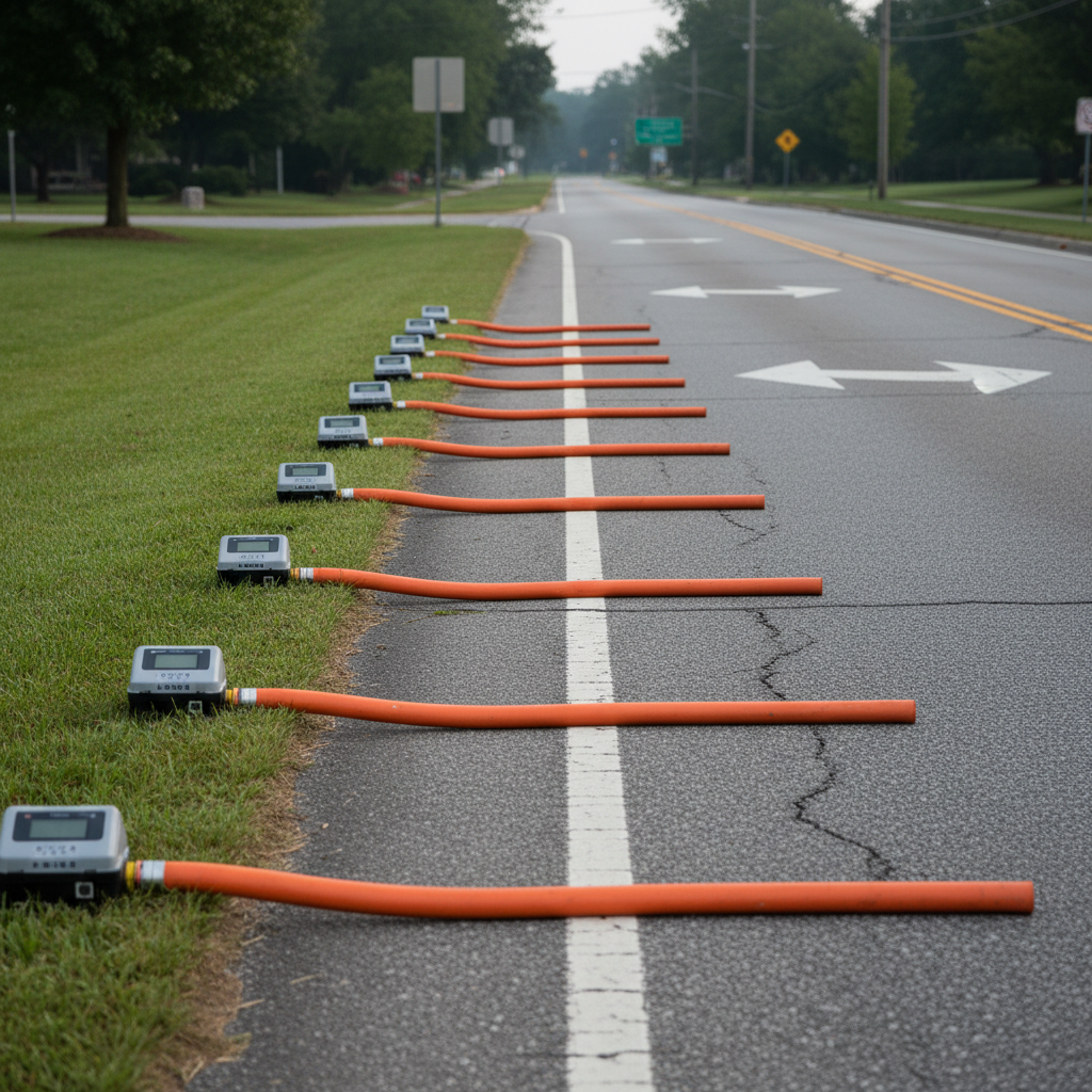 A row of sturdy, bright orange, rubber traffic data collection hoses laid neatly across a two-lane suburban roadway, each connected to a compact, weatherproof traffic counter box positioned on a trimmed grassy roadside shoulder. The asphalt shows faint lane striping and subtle surface texture, with clear directional arrows painted near the hoses. Early morning overcast light creates a soft, neutral tone, minimizing harsh shadows and emphasizing the equipment’s details. The image is shot from a low, slightly angled perspective, leading the eye down the roadway toward a gently blurred background of trees and distant signage. The overall atmosphere is orderly and professional, with a clean, photographic realism style and balanced composition that highlights the precision of traffic volume data collection.