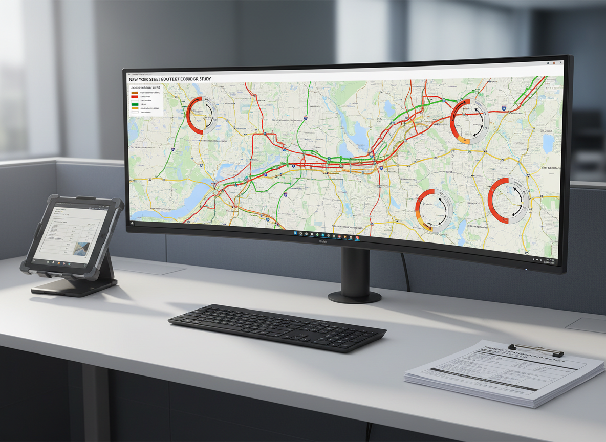 A carefully arranged workstation displaying a large, high-resolution digital map of a New York State highway network on a sleek ultra-wide monitor, with color-coded traffic volumes and turning movement counts clearly visible. The monitor sits on a clean, matte white desk alongside a slim black keyboard, a closed engineering-grade field tablet, and a neatly stacked set of labeled traffic count summary sheets. Soft, diffused daylight from an unseen window creates gentle reflections on the monitor and subtle shadows on the desk, producing a calm, focused atmosphere. Shot at eye level with a slight angle, the composition uses a rule-of-thirds layout and shallow depth of field, emphasizing clarity, precision, and a professional, corporate photographic realism aesthetic.
