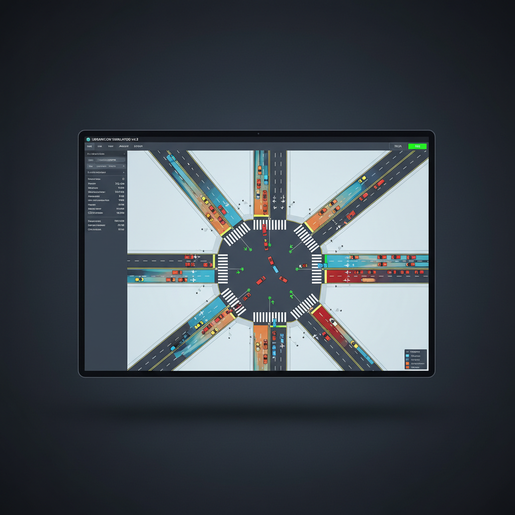 A bird’s eye view of a complex urban intersection modeled in a detailed digital traffic simulation, showing clearly delineated lanes, crosswalks, turn arrows, and synchronized signal phases. Vehicles are rendered as simple, color-differentiated shapes flowing through the network, with animated lane utilization and queue lengths represented by subtle gradients. The interface sits within a clean, modern software window on a dark, minimalistic desktop background. Cool, even monitor light illuminates the scene, with the surrounding environment fading softly into shadow. The mood is analytical and methodical, captured in sharp focus with a wide composition that leaves ample negative space. The photographic style feels corporate and structured, emphasizing organized traffic data collection for engineering analyses and municipal planning.