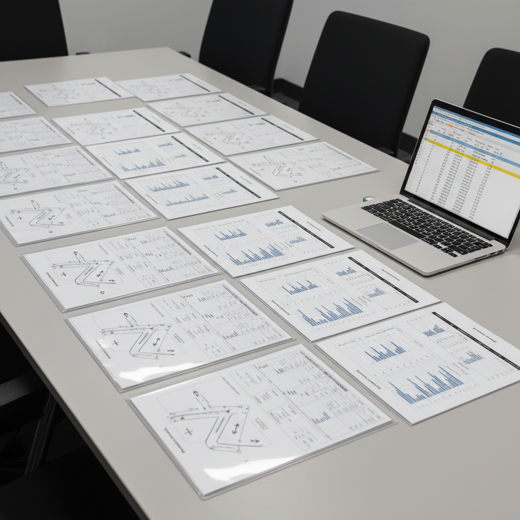 A meticulously organized set of printed engineering traffic count reports spread across a light gray conference table, featuring neatly formatted turning movement diagrams, peak hour factor tables, and time-stamped volume charts. Each report is clipped within slim, transparent covers, aligned in tidy rows beside a lightweight laptop displaying a matching digital spreadsheet. Neutral overhead office lighting casts soft, even illumination without glare, creating crisp legibility of every line and symbol. Shot from a slightly elevated angle with sharp focus across the entire frame, the composition feels structured and methodical, with strong horizontal lines and clean negative space around the documents. The mood is disciplined and reliable, embodying a modern corporate aesthetic that reinforces consistent methodologies and engineer-friendly traffic data presentation.