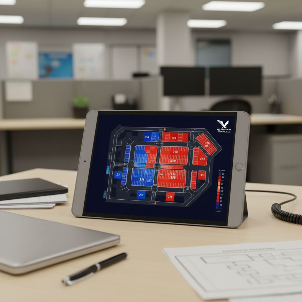 Professional parking utilization heatmap displayed on a tablet on a tidy engineering desk, styled to match existing site imagery for All American Traffic, LLC, corporate, neutral lighting, photographic realism