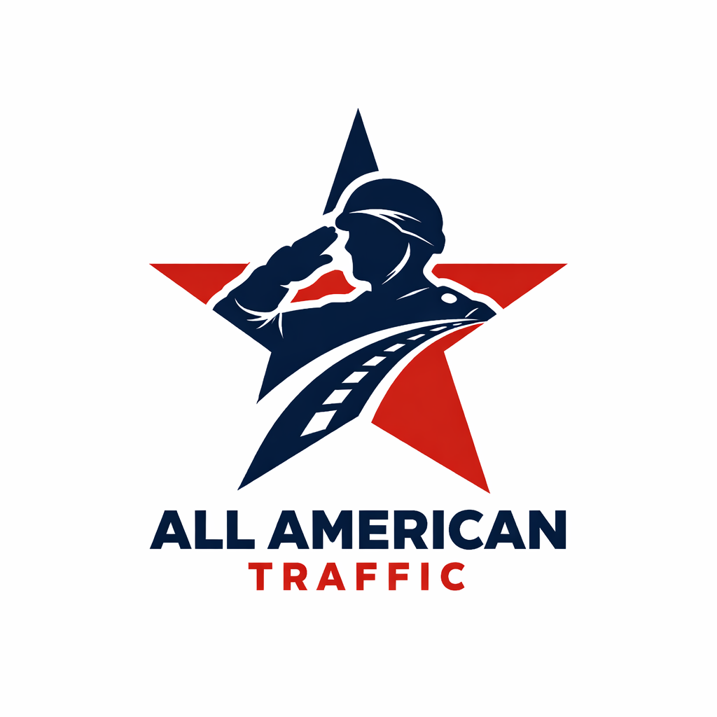 A logo for All American Traffic, featuring a silhouette of a soldier saluting in front of a red and blue star.